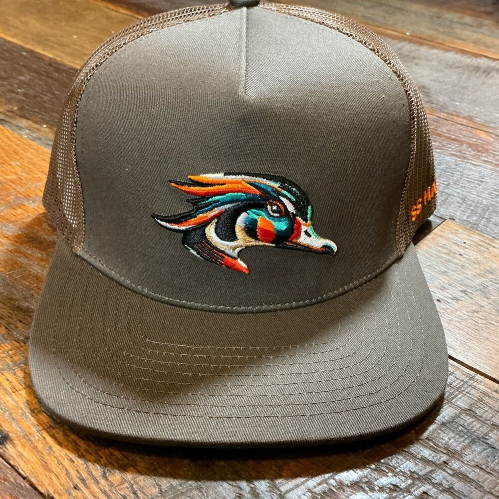 Men's Brown Trucker Hat with Multicolor Duck Patch